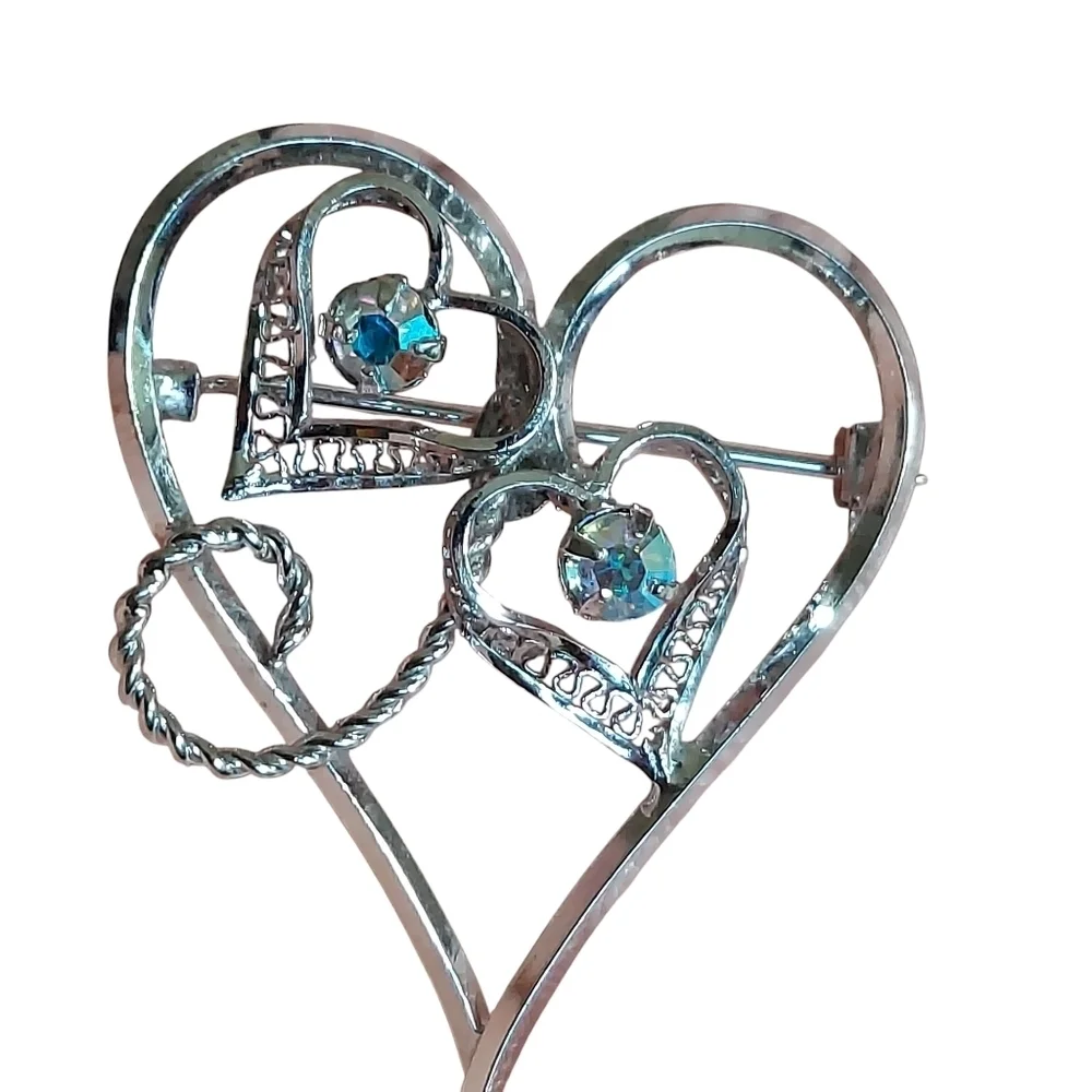 Vintage Sterling Silver Aurora Borealis Filigree Heart Brooch Pin